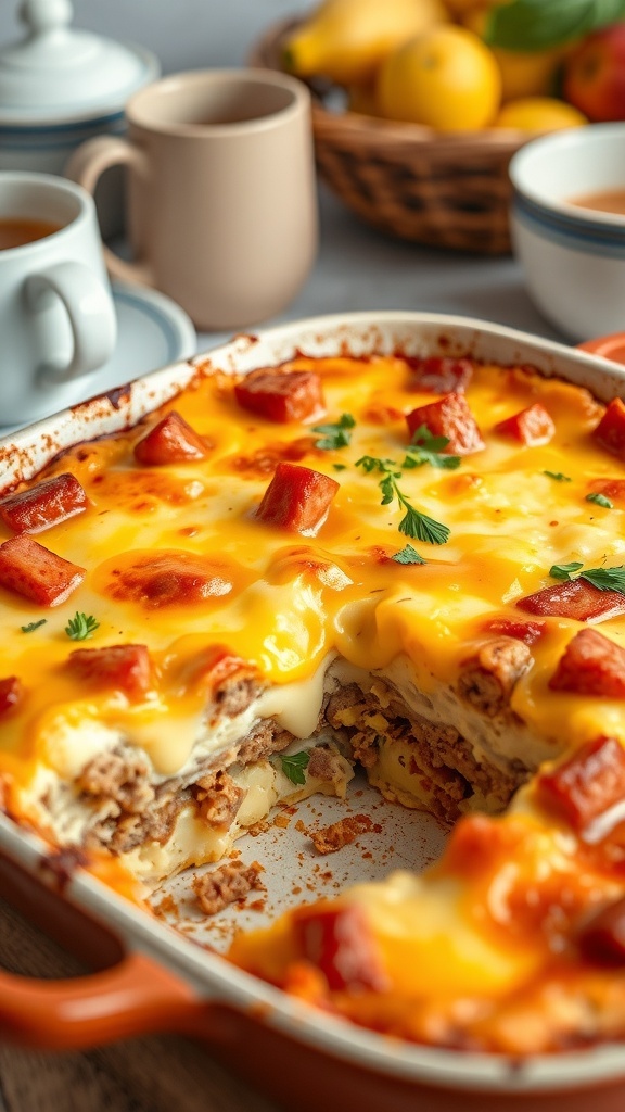 A baked breakfast casserole with sausage, eggs, and cheese, garnished with herbs, in a rustic dish.